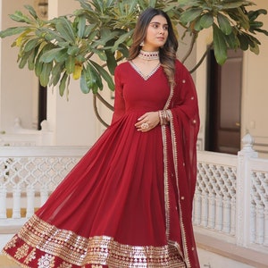 Indian Red Embroidered Flared Long Gown With Dupatta, Traditional Party Wear, Beautiful Ruffled Maxi Outfit For USA Women, Casual Wear image 2