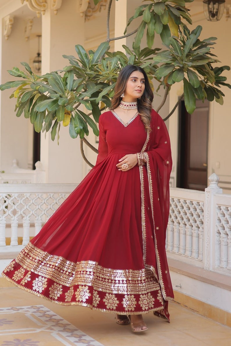 Indian Red Embroidered Flared Long Gown With Dupatta, Traditional Party Wear, Beautiful Ruffled Maxi Outfit For USA Women, Casual Wear image 2