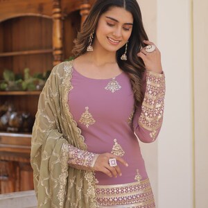 Palazzo Suit With Sharara Suit, Sequins & Thread Embroidered Work, Sharara And Dupatta Set, Beautiful 3 Piece, Wedding Outfits, Casual Wear image 6