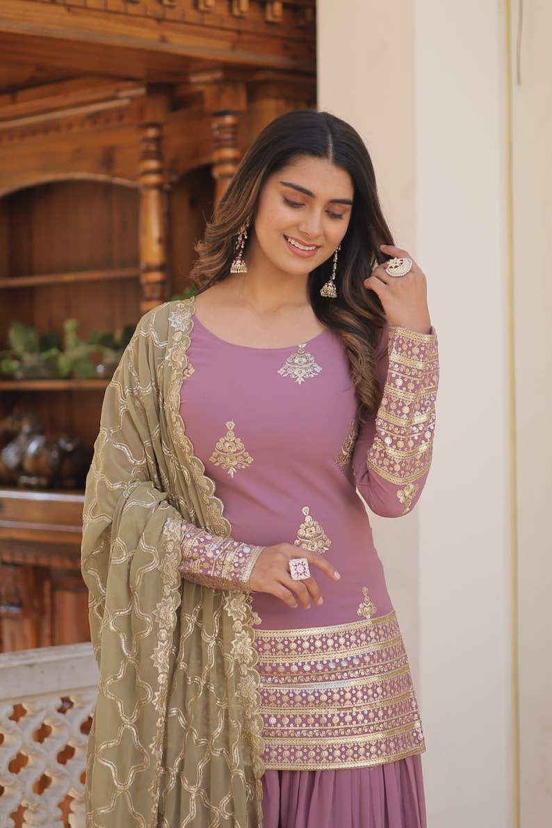 Palazzo Suit With Sharara Suit, Sequins & Thread Embroidered Work, Sharara And Dupatta Set, Beautiful 3 Piece, Wedding Outfits, Casual Wear image 6