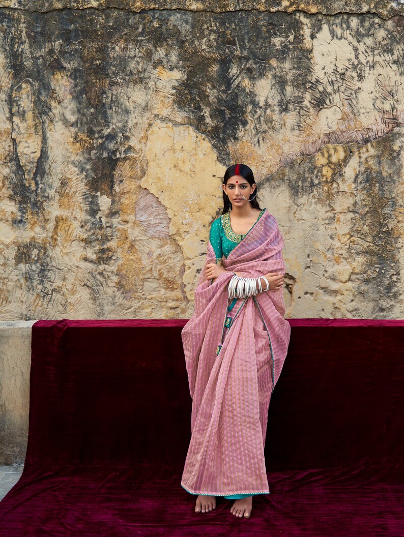 Buy Pink Weaving Organza Silk Saree With Blue Contrast Blouse With ...