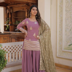 Palazzo Suit With Sharara Suit, Sequins & Thread Embroidered Work, Sharara And Dupatta Set, Beautiful 3 Piece, Wedding Outfits, Casual Wear image 3