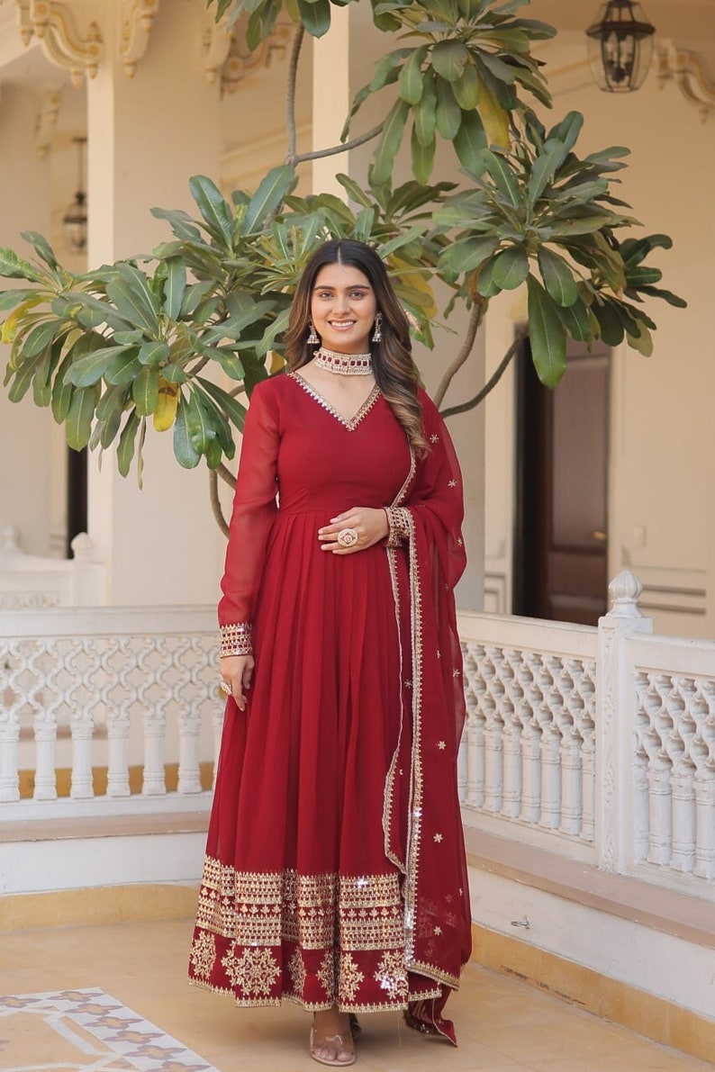 Indian Red Embroidered Flared Long Gown With Dupatta, Traditional Party Wear, Beautiful Ruffled Maxi Outfit For USA Women, Casual Wear image 1