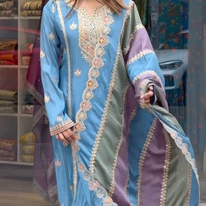 Blue Designer Readymade Party Wear Anarkali Gown, Sequin Anarkali Long Kurta with Churidar, 3 Pc Traditional Salwar Kameez Outfit for Women image 2