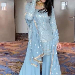 Ensemble Sharara avec Dupatta, Designer Georgette 3 pièces Salwar Kameez pour mariage, robe prête à l'emploi pakistanaise, magnifique tenue de fête Blue Kurta image 2