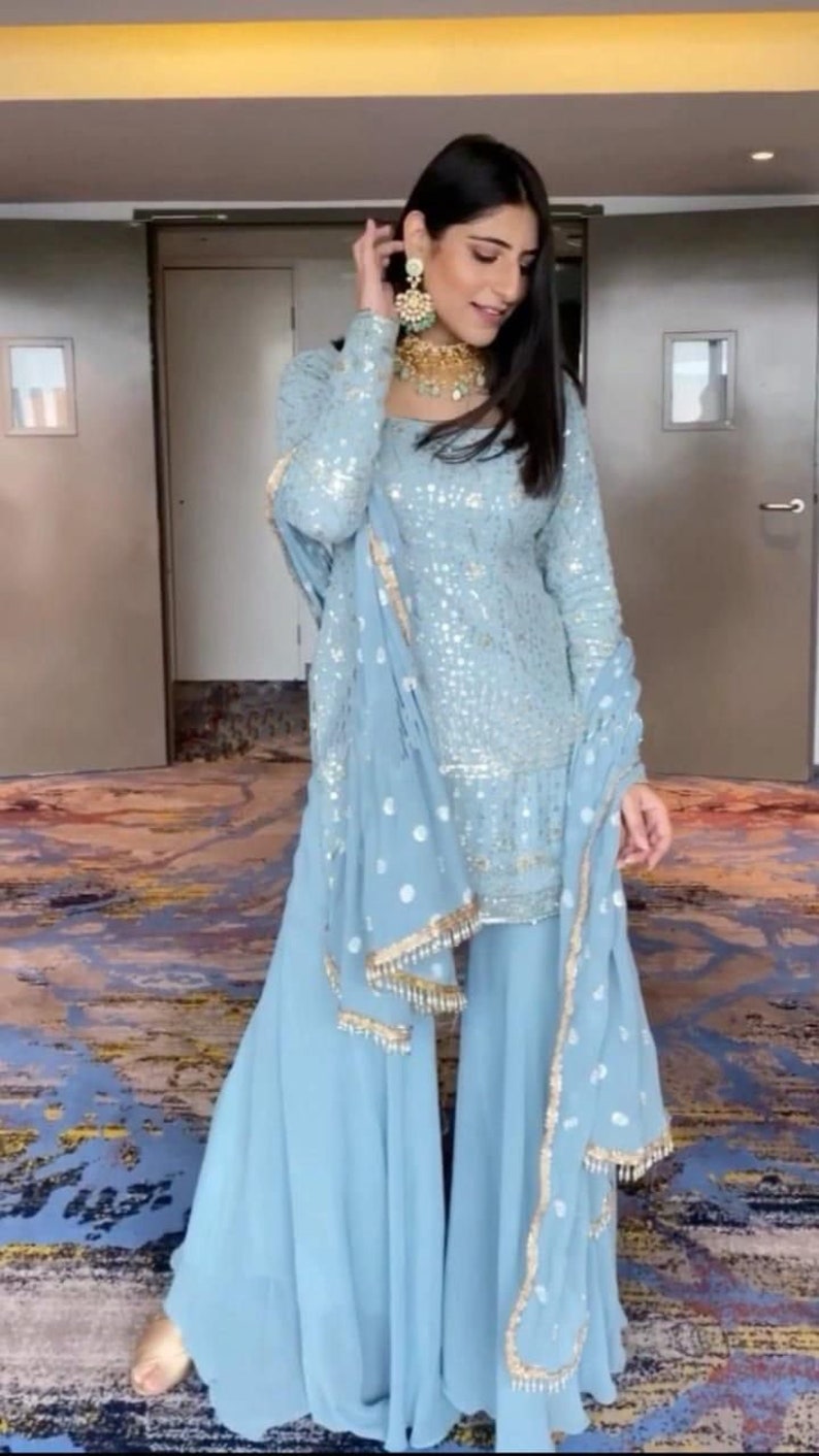 Ensemble Sharara avec Dupatta, Designer Georgette 3 pièces Salwar Kameez pour mariage, robe prête à l'emploi pakistanaise, magnifique tenue de fête Blue Kurta image 2