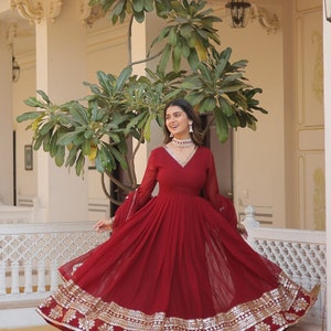 Indian Red Embroidered Flared Long Gown With Dupatta, Traditional Party Wear, Beautiful Ruffled Maxi Outfit For USA Women, Casual Wear image 4