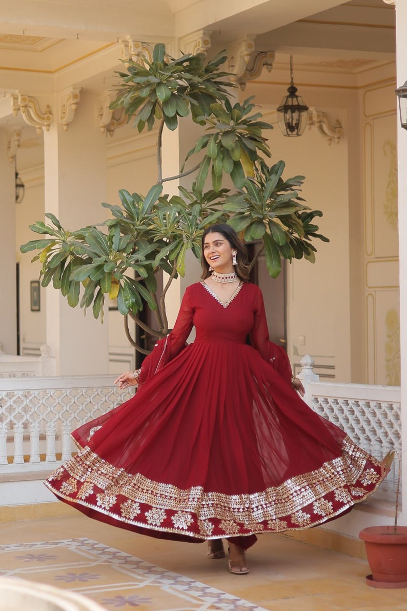 Indian Red Embroidered Flared Long Gown With Dupatta, Traditional Party Wear, Beautiful Ruffled Maxi Outfit For USA Women, Casual Wear image 4