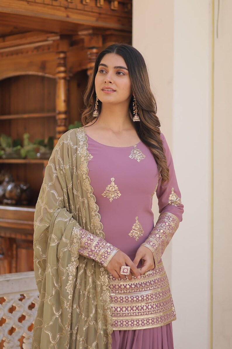 Palazzo Suit With Sharara Suit, Sequins & Thread Embroidered Work, Sharara And Dupatta Set, Beautiful 3 Piece, Wedding Outfits, Casual Wear image 5