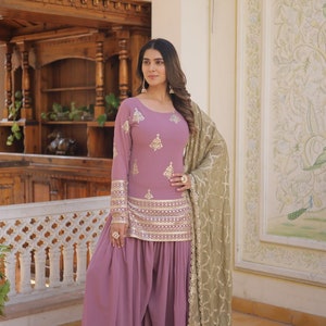 Palazzo Suit With Sharara Suit, Sequins & Thread Embroidered Work, Sharara And Dupatta Set, Beautiful 3 Piece, Wedding Outfits, Casual Wear image 1