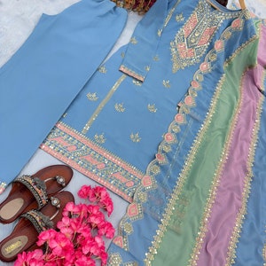 Blue Designer Readymade Party Wear Anarkali Gown, Sequin Anarkali Long Kurta with Churidar, 3 Pc Traditional Salwar Kameez Outfit for Women image 6