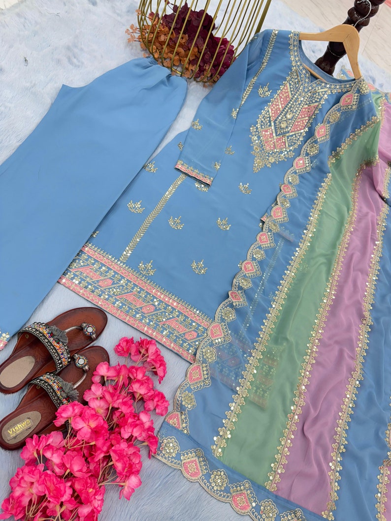 Blue Designer Readymade Party Wear Anarkali Gown, Sequin Anarkali Long Kurta with Churidar, 3 Pc Traditional Salwar Kameez Outfit for Women image 6
