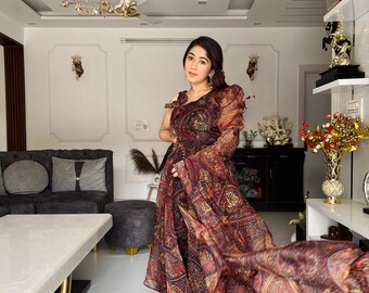 Pure Brown Soft Organza Silk Flower Printed Anarkali Gown with Pant & Dupatta, Beautiful 3 Pc Partywear Salwar Kameez Readymade Wear