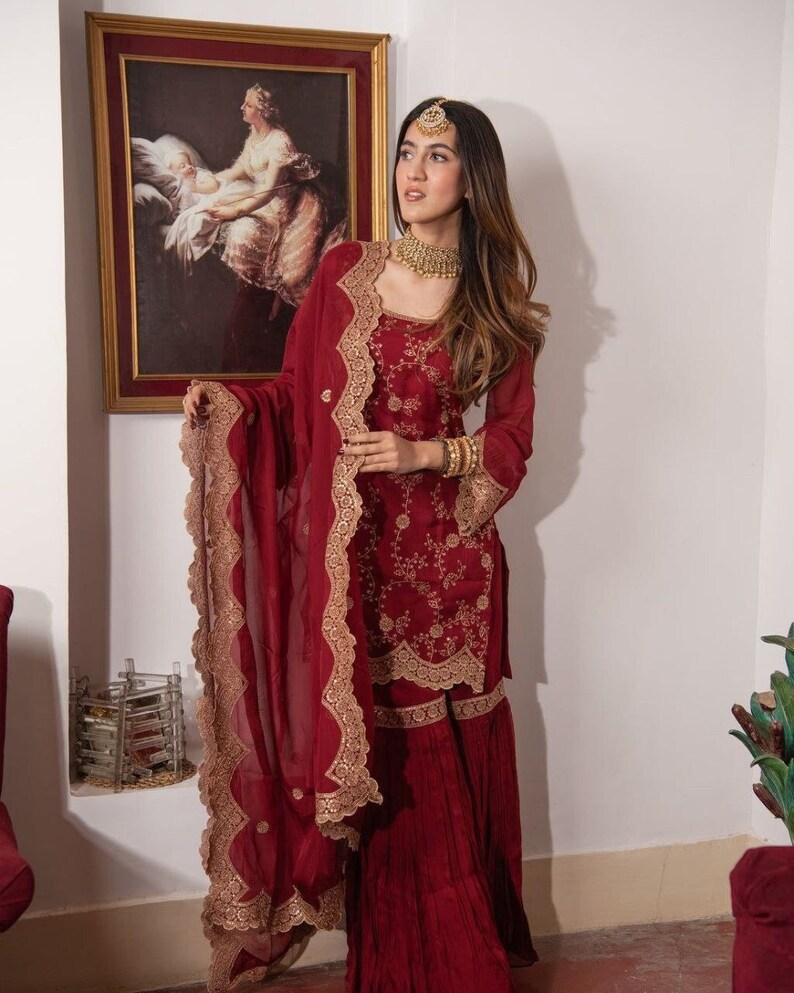 Red Palazzo Suit with Sharara Suit, Georgette with Sequence Embroidery Work, Beautiful Cut for Neck and Lovely Dupatta for Girls Wear image 1