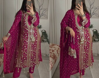 Pink Faux Georgette Fabric Salwar Kameez with Heavy Embroidery and Sandwich Sequence Work (Fully Sleeves), Full Stitched Readymade Suit