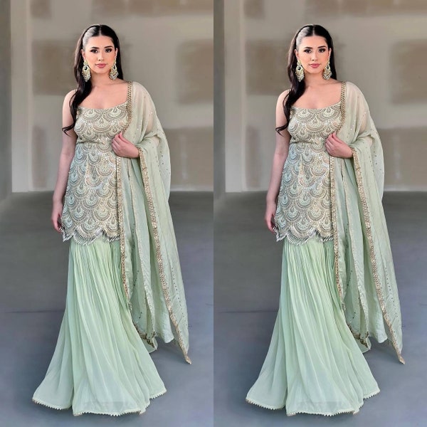 Palazzo Suit with Sharara Suit, Georgette with Sequence Embroidery, Sharara and Dupatta Set, Beautiful 3 Piece, Wedding Outfits