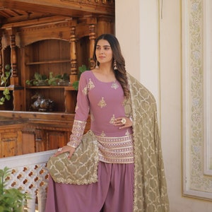 Palazzo Suit With Sharara Suit, Sequins & Thread Embroidered Work, Sharara And Dupatta Set, Beautiful 3 Piece, Wedding Outfits, Casual Wear image 8