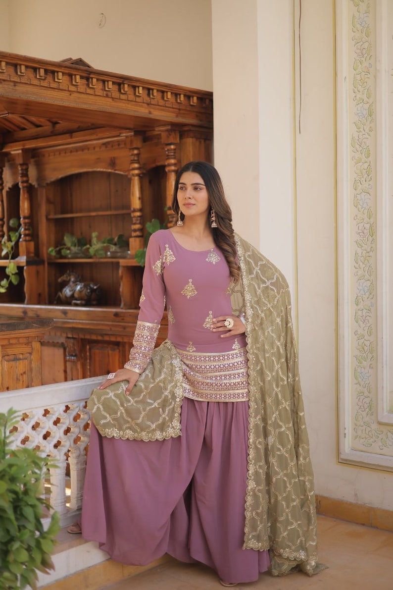 Palazzo Suit With Sharara Suit, Sequins & Thread Embroidered Work, Sharara And Dupatta Set, Beautiful 3 Piece, Wedding Outfits, Casual Wear image 8