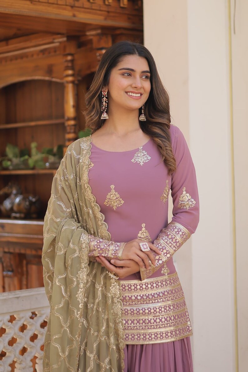 Palazzo Suit With Sharara Suit, Sequins & Thread Embroidered Work, Sharara And Dupatta Set, Beautiful 3 Piece, Wedding Outfits, Casual Wear image 4