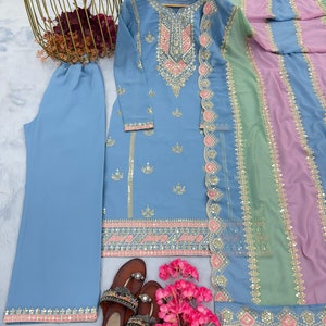 Blue Designer Readymade Party Wear Anarkali Gown, Sequin Anarkali Long Kurta with Churidar, 3 Pc Traditional Salwar Kameez Outfit for Women image 5