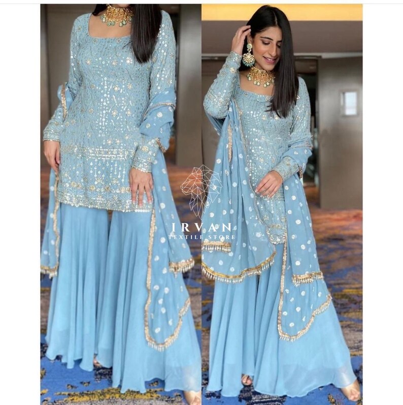 Ensemble Sharara avec Dupatta, Designer Georgette 3 pièces Salwar Kameez pour mariage, robe prête à l'emploi pakistanaise, magnifique tenue de fête Blue Kurta image 1