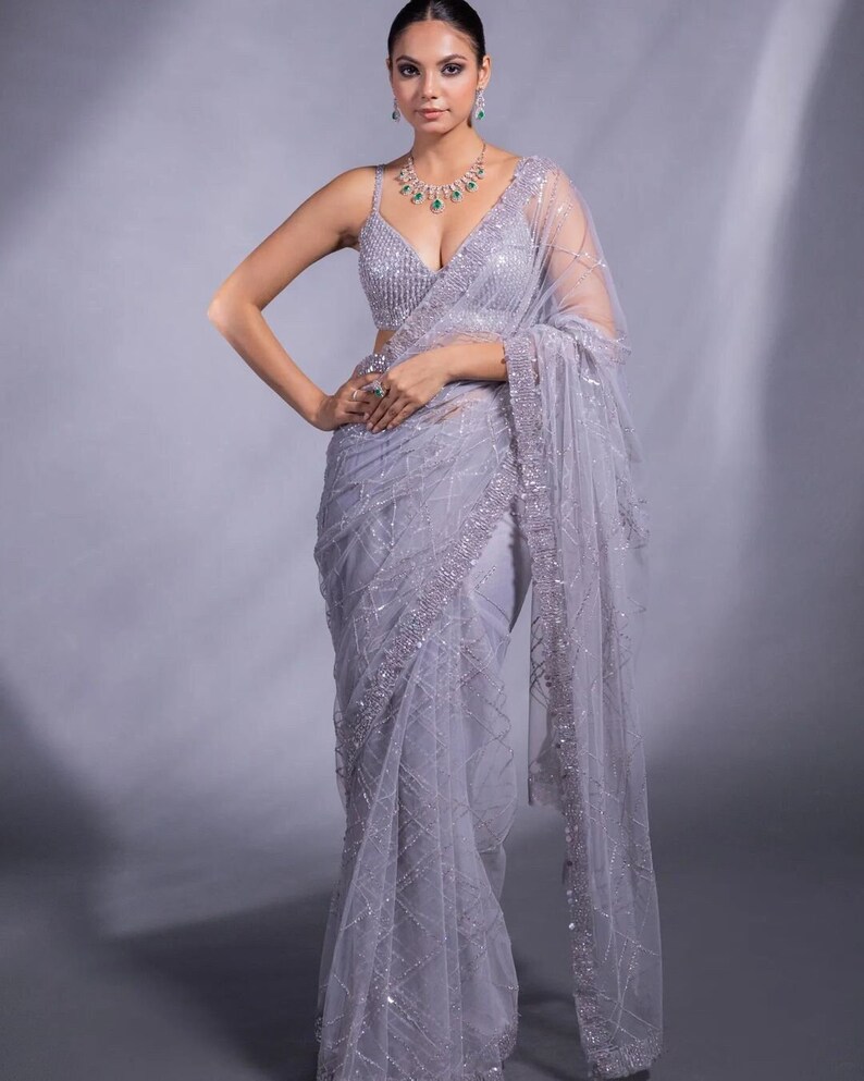 Buy Grey Net Sequence Work Saree Saree for USA Women Sequence Online in India Etsy