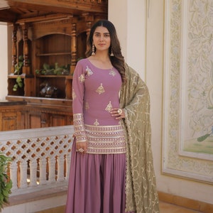 Palazzo Suit With Sharara Suit, Sequins & Thread Embroidered Work, Sharara And Dupatta Set, Beautiful 3 Piece, Wedding Outfits, Casual Wear image 2