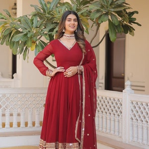Indian Red Embroidered Flared Long Gown With Dupatta, Traditional Party Wear, Beautiful Ruffled Maxi Outfit For USA Women, Casual Wear image 6