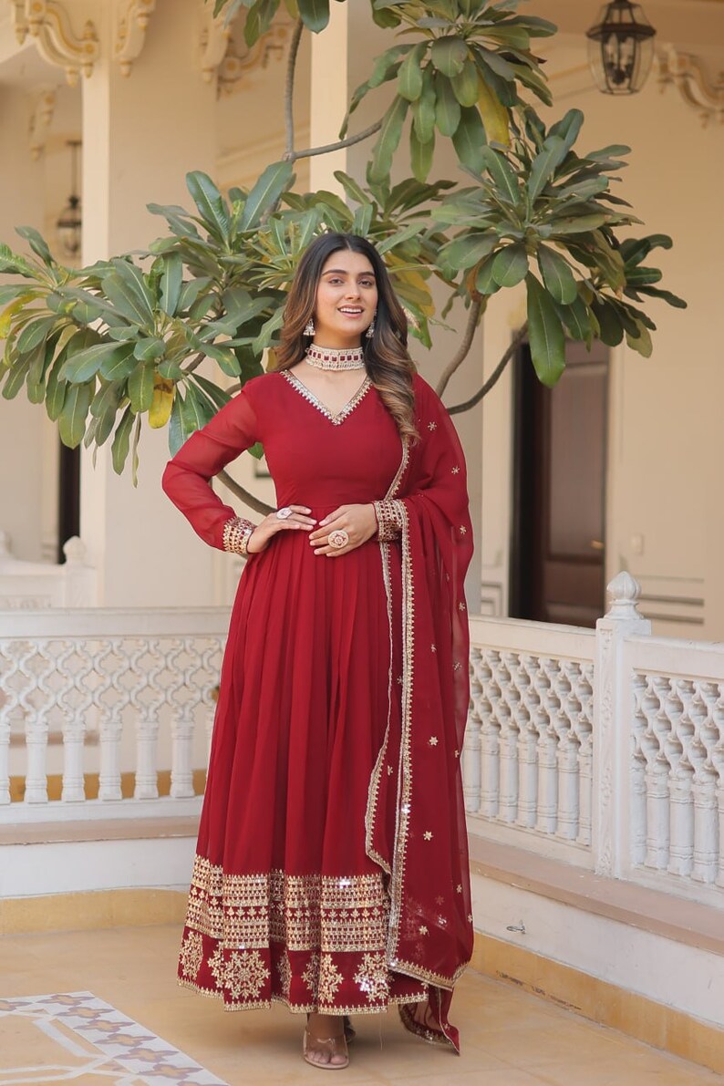 Indian Red Embroidered Flared Long Gown With Dupatta, Traditional Party Wear, Beautiful Ruffled Maxi Outfit For USA Women, Casual Wear image 6