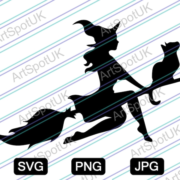 Witch on Broom with Cat vinyl Vector file SVG FORMAT for Cricut, Silhouette, Decal, Sticker, Vinyl, Pin boards and Graphic Design