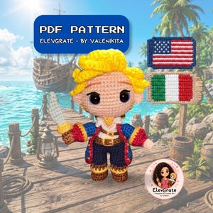 Può includere: Una bambola amigurumi all'uncinetto con capelli gialli, giacca blu e rossa e pantaloni scuri, che tiene in mano una piccola lama bianca. Sopra la bambola, un cartello blu recita PDF PATTERN ELEVGRATE - BY VALENIKITA. Sono visibili due bandiere.