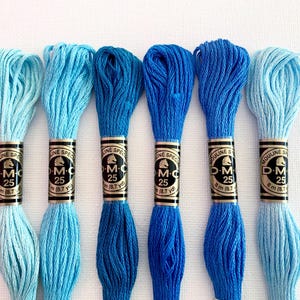 Op de afbeelding: Zes strengen DMC 25 borduurgaren in blauwtinten. Elke streng is voorzien van het DMC-logo en productinformatie. Het garen is in een rij gerangschikt en toont een reeks blauwtinten, van licht tot donker.