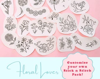 May include: A set of 18 floral embroidery patterns on white paper circles. The patterns are black and white and include flowers, leaves, and stems. The text "Customize your own Stick n Stitch Pack!" is at the bottom of the image.