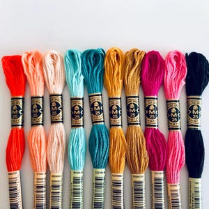 May include: A collection of DMC embroidery floss in various colors, including red, orange, teal, yellow, pink, and black. Each skein is labeled with the DMC logo and product information. Ideal for cross-stitch and embroidery projects.
