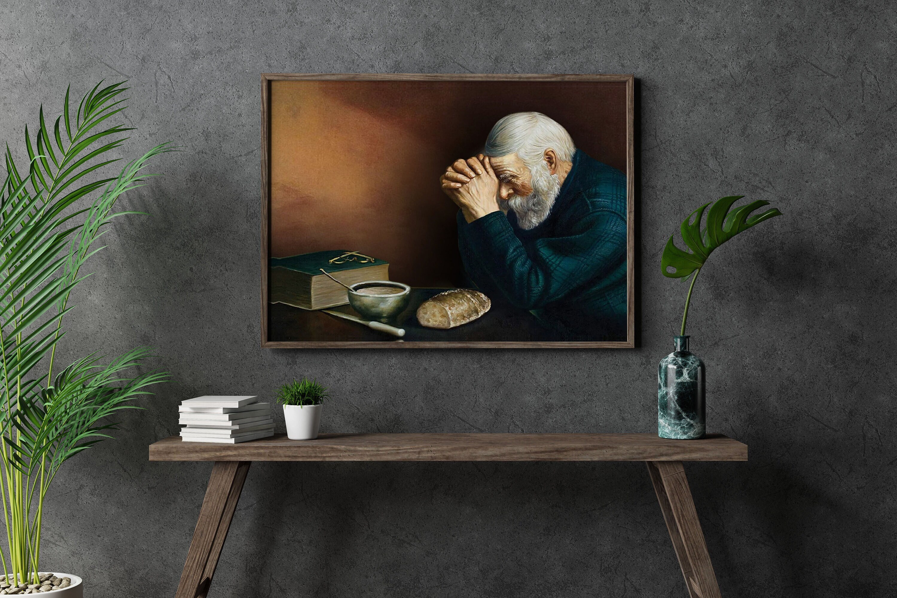 Daily Bread Man Praying Grace Thanksgiving at Dinner Table Grace Religious  Art Print 8x10 Black Frame + Glass Sentimental Gift Ready to Hang Overall