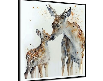 Watercolor Deer and Fawn Canvas, Framed Animal Wall Art