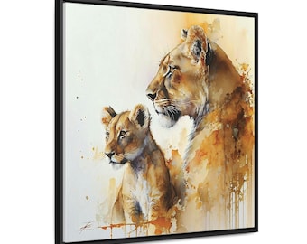 Watercolor Lioness and Cub Canvas Art Print, Safari Animal Wall Decor