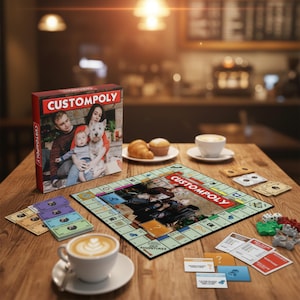 May include: A custom board game set, featuring a family photo on the box and game board. The game includes dice, game pieces, money, and cards, all arranged on a wooden table. A cup of coffee and pastries are also on the table.