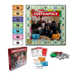 May include: A custom board game set featuring a personalized board, play money, cards, dice, and game pieces. The board displays a family photo and the text "CUSTOMPOLY". The play money also has the same photo.