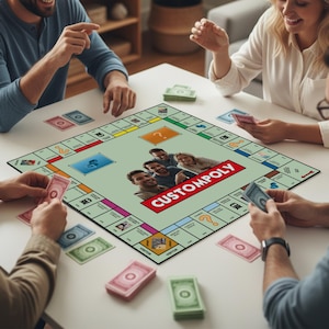 Könnte beinhalten: Ein individuelles Monopoly-Spielbrett mit einem Gruppenfoto in der Mitte und dem Wort "CUSTOMPOLY" in Rot. Das Spielbrett ist grün mit verschiedenen Feldern und Spielkarten. Menschen spielen das Spiel an einem weißen Tisch.