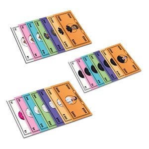 May include: Three sets of colourful play money bills are displayed. Each bill has a different value, from &pound;1 to &pound;500, and features a portrait. The text "CUSTOMPOLY" and "BARNERSPOLY" are visible on the bills.