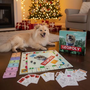 May include: A board game called "LEOPOLY" featuring a dog on the box and game board. The game is set up on a wooden floor with play money, dice, and property cards. A fluffy, light-colored dog is lying next to the game.