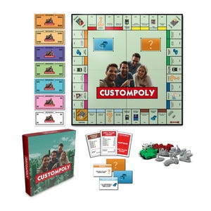 May include: A custom Monopoly board game set featuring a green game board with the word "CUSTOMPOLY" and images of people. Includes play money, cards, game pieces, and a box with the game title.