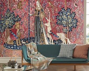 The Lady and the Unicorn Tapestry Wallpaper, Unicorn Embroidery Medieval Wallpaper, French Luxury Wall mural, Large Scale Art #57