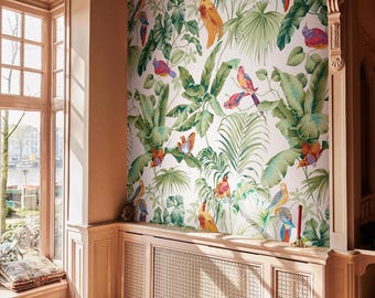 Exotic Bird & Banana Leaf Wallpaper | Tropical Palm Jungle Wall Mural | Botanical White Background Nature Decor #135