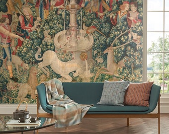 The Hunt of the Unicorn Medieval Tapestry Wallpaper Mural, Unicorn Embroidery Art Wallpaper, Historical Painting Vintage Wall Mural #48