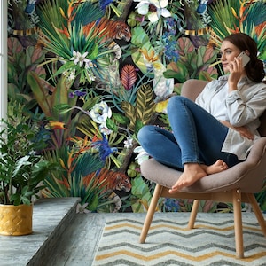 Vibrant Tropical Jungle Peel and Stick Wallpaper, Exotic Botanical Design with Hidden Tiger, Dark Tropical Animal Pattern Wallpaper  #63
