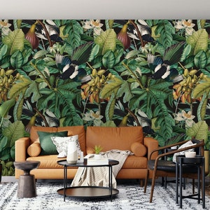 Dark Tropical Jungle Wallpaper with Fig Leaves, Fruit and Magpie - Botanical Peel and Stick, Large Scale Rainforest Decor #28