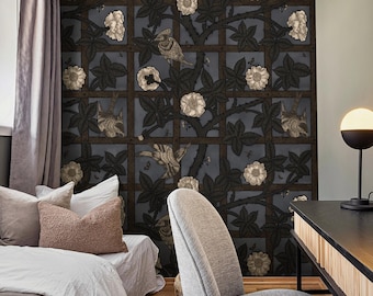 Dark Floral Trellis Wallpaper – Gothic Botanical Wall Mural, Vintage Bird Pattern #151
