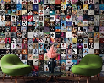 Carta da parati con copertine di album musicali, collage estetico con copertine di dischi in vinile, artisti musicali, decorazioni per la sala musica, carta da parati tradizionale o rimovibile n. 4